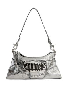 silver-tone calf leather metallic finish logo plaque single shoulder strap chain-link detailing top zip fastening main compartment Euphoria Clothing, Leather Handbag Patterns, Silver Bag, My Style Bags, Unique Backpacks, Bag Silver, Seductive Clothes, Purse Accessories, Cute Bags