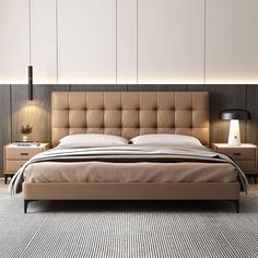 a bedroom with a bed, nightstands and two night stands on either side of the bed