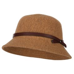 Women's Wool Leatherette Band Accented Cloche Bucket Hat Brown Casual Cloche Hat One Size, Brown Wool Cloche Hat With Short Brim, Brown Brimmed Cloche Hat, One Size Fits Most, Brown Brimmed Cloche Hat One Size, Brown Wool Cloche Hat With Curved Brim, Style Bucket Hat, Cloche Hat, Wide Brimmed, Camel