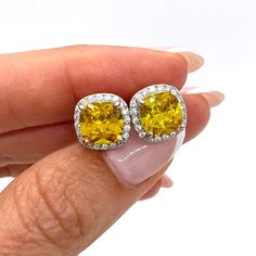 Yellow Princess 18k White Gold Dipped Yellow Topaz Cushion Halo Stud Earrings Yellow Topaz Cushion Cut Center Stone Same As 2.5 Carat Diamond White Topaz Halo Surrounding Center Yellow Topaz Stone Push Back Closure 10.8 Mm Tall X 10.8 Mm Wide Elegant Yellow Earrings For Gifts, Yellow Jewelry With Matching Earrings For Gifts, Yellow Round Earrings For Formal Occasions, Yellow Sterling Silver Jewelry With Prong Setting, Yellow Earrings With Prong Setting For Anniversary, Yellow Fine Jewelry Earrings For Gift, Yellow Drop Earrings For Anniversary, Yellow Sterling Silver Jewelry For Party, Fine Jewelry Yellow Earrings For Gift