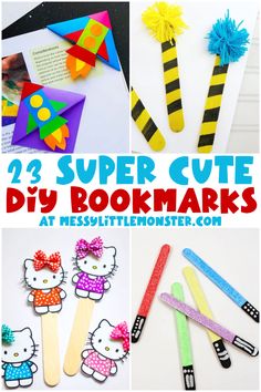 some paper crafts that include scissors and hello kitty hair clips with the words super cute diy bookmarks