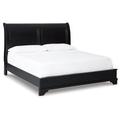 a black bed frame with white sheets and pillows on the headboard, in front of a white background