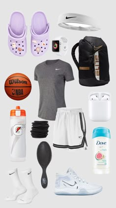 an assortment of sports items including shoes, water bottle, and other things to wear