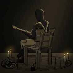 a person sitting on a chair in the dark with some candles around him and holding a guitar