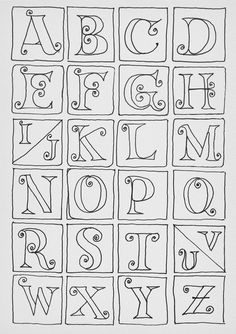 the alphabet is drawn in black and white with an ornate font pattern on it's side