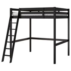 a black loft bed with a ladder to the top and bottom bunk, on a white background