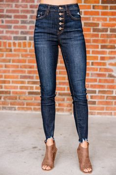 We are on the way to tell you all about these fab jeans! First of all, they are one of our favorite brands, KanCan! Secondly, they are so sleek and chic with their button front closure and classic ultra dark wash! These jeans feature a dark wash, a multi-button front closure, pockets, and distressed raw hems.
Material has a fair amount of stretch.Cam is wearing the size 1. Black Tie Dress, Long Sleeve Outerwear, Two Piece Swimwear, Friend Outfits, Romper With Skirt, One Piece Swimwear, Jeans Shop, High Waist Jeans, To Tell