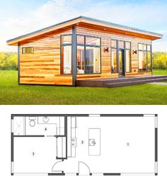 a small cabin with floor plans and measurements