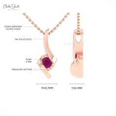 Description The pristine brilliance of this natural solitaire Ruby Pendant is fascinating and so needs to be a part of your fashion jewelry collection. This pendant is crafted with 4 mm round cut ruby gemstone in a pressure setting. The gleaming twisted metal bale of 14k solid gold holds the July birthstone magnificently giving a unique appeal to the pendant. This extraordinary design of the pendant will elevate your look from simple to elegant irrespective of the attire you choose to pair it wi Brilliant Cut Ruby Necklace In Round Shape, Ruby Necklace With Brilliant Cut, Ruby Round Necklace With Prong Setting, Ruby Necklace With Prong Setting, Lab-created Ruby Jewelry Gift With Round Stone, Round Lab-created Ruby Gemstone Necklace, Gift Lab-created Round Ruby Jewelry, Gift Necklace With Prong Setting And Lab-created Ruby, Ruby Gemstone Round Pendant Jewelry