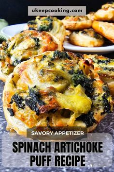 spinach artichoke puff recipe with text overlay that reads savory appetizer spinach artichoke puff recipe