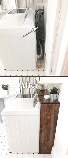 before and after pictures of a small laundry room with washer and dryer in it