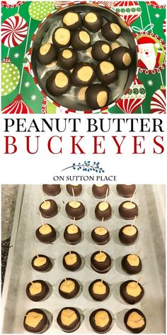 chocolate covered peanut butter buckeyes on a pan with christmas decorations in the background