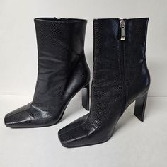 Zara Black Leather Snake Skin Style Zip-Up Boots Size 8.5 New Formal Black Heeled Boots With Zipper Closure, Formal Black Heeled Boots With Zipper, Sleek Black Boots With Zipper Closure, Black Square Toe Boots With Zipper, Black Heels With Zipper Closure For Office, Black Faux Leather Heels With Zipper Closure, Black Boots With Zipper Closure For Evening, Black Square Toe Heels For Fall, Black Faux Leather Square Toe Heels