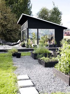 a black house with lots of plants in the yard