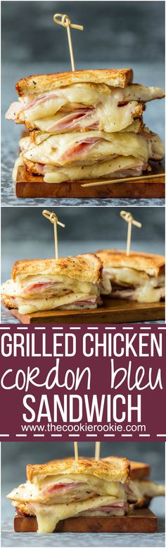 grilled chicken and bacon blt sandwich on a cutting board with toothpicks