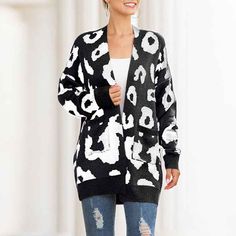 Women's Open Front Leopard Knit Cardigan Sweaters Pockets Long Sleeve Outwear K066 ❤ Model: K066 Color White Yellow Green Black Light Card ❤ Size Guide: S=US 4-6, M=US 8-10, L=US 12-14, XL=16. ❤ The knitted fabric is stretchy and soft, super soft will keep you warm and comfortable in the cold. ❤ Perfect for walking to the street, daily, vacation, party, school, cruise, club, office, etc. You can match different styles according to the weather to create a lovely fall and winter look. The best gif White Trendy Acrylic Cardigan, Trendy White Acrylic Cardigan, White Winter Cardigan With Pockets, White Acrylic Sweater Coat For Fall, White Soft Knit Long Sleeve Sweater Coat, White Soft Knit Sweater Coat, Casual White Cardigan For Winter, Casual White Winter Cardigan, White Acrylic V-neck Outerwear