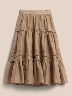 Solstice Ramie Midi Skirt | Banana Republic Flowy Ruffled Midi Length Skirt, Elegant Tiered Gathered Skirt, Elegant Pleated Tiered Skirt, Daywear Tiered Skirt With Pleated Hem, Elegant Tiered Relaxed Skirt, Elegant Ruffled Maxi Skirt For Daywear, Daywear Midi Skirt With Ruffles, Midi Skirt With Ruffles For Daywear, Tiered Flowy Skirt For Daywear