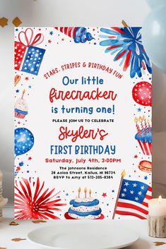 a birthday card with fireworks, stars and balloons in the background that says our little firecracker is turning one year's first birthday