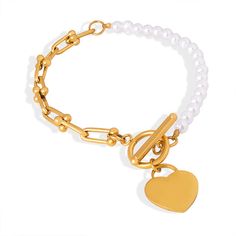 Style: Female Material: Titanium Steel, Shell Bead Pearl Pearl Type: Cultured Pearl Color: White Pearl Shape: Irregular Bracelet Length: 20cm Heart Charm Height: 1.6cm Gold Heart-shaped Pearl Bracelet For Valentine's Day, Gold Pearl Bracelet With Heart Charm, Elegant Metal Beaded Bracelet With Heart Charm, Gold Pearl Bracelet With Heart Beads, Gold Heart-shaped Pearl Bracelet With Heart Beads, Gold Pearl Bracelet With Heart Beads For Valentine's Day, Elegant Heart-shaped Metal Beaded Bracelets, White Heart-shaped Metal Charm Bracelet, Metal Heart-shaped Beaded Bracelets For Valentine's Day