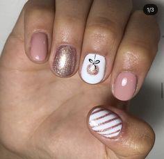 Simple Christmas Nail Designs Pink, Nude Holiday Nails Short, Super Short Christmas Nails, Nude Christmas Nails Short, Christmas Ornament Nail Art, Rose Gold Christmas Nails, Pink Christmas Nail Designs, Minimal Nails Art