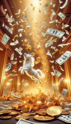 an image of a white horse in the air surrounded by gold coins and dollar bills