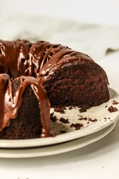 a bundt cake with chocolate frosting on a plate