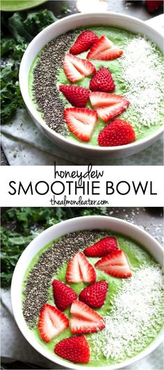 two bowls filled with green smoothie and strawberries