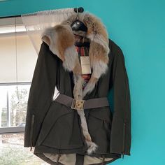 Beautiful! (Made In Italy) Hood Lined W Fox Fur Red Fox Fur Collar Two Handwarmer Pockets Button Front Closure New W Tsgs Luxury Fall Parka With Faux Fur Trim, Designer Fitted Winter Outerwear, Luxury Fall Parka With Faux Fur Lining, Designer Winter Outerwear With Faux Fur Lining, Designer Fitted Outerwear With Faux Fur Trim, Designer Long Sleeve Outerwear With Faux Fur Trim, Luxury Fall Parka, Designer Fitted Outerwear With Faux Fur Lining, Suede Biker Jacket