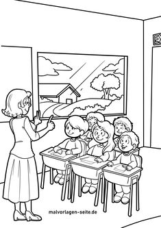 a woman is teaching children how to write in the classroom coloring page for adults and kids