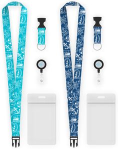 Nautical theme cruise lanyard featuring anchors, ship, lighthouse, and more. 2 colors included, White on Teal and Teal on Navy. Designed by Limeloot. Comfortable 22" length with silky smooth polyester and release buckle for even more versatility. Detachable and Retractable badge reel with a water-resistant badge or cruise id holder. Easily show and protect your cruise id card, a true cruise essential. Compatible with id cards from any ship, Royal Caribbean, NCL, and others. 2-Pack Lanyard Template, College Events, Id Card Lanyard, College Event, Cruise Essentials, Desain Buklet, Id Card Template, Graphic Design Ads, Retractable Badge Reel