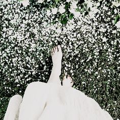 a person laying on the ground with their feet up in front of flowers and leaves