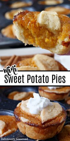 sweet potato pies with whipped cream on top and in the background, there is a muffin