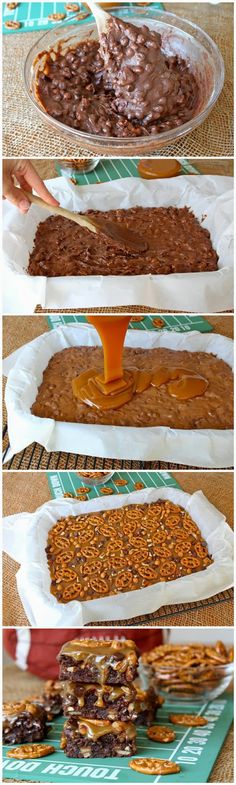 the process for making homemade granola bars is shown in three different stages, including being drizzled with caramel