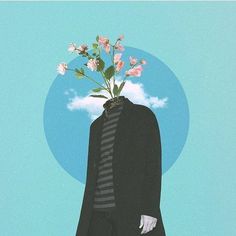 an image of a man with flowers on his head and clouds in the sky behind him