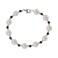 Adorn yourself with this sterling silver bracelet. Featuring faceted onyx and diamond-cut brilliance beads, this freshwater cultured pearl bracelet is a luminous addition to any look. Wear this stunning bracelet with business or evening attire.    Diamond-cut brilliance beads are coated with a tarnish-resistant finish.    Rhodium plating adds extra radiance to the sterling silver construction.    Bracelet comes in a gift box.    Details:            8-9-mm cultured pearls        7 1/2-in. bracele Elegant Faceted Beads Jewelry Bracelet, Elegant Bracelet With Round Faceted Beads, Elegant Round Crystal Bracelet With Gemstone Beads, Elegant Silver Beaded Bracelets With Gemstones, Elegant Round Bracelets With Faceted Beads, Elegant Pearl Bracelet With Gemstone Beads, Elegant Sterling Silver Beads Bracelet, Elegant Sterling Silver Beaded Bracelets, Elegant Crystal Rondelle Bracelet With Faceted Beads