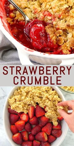 strawberry crumble is in a white bowl with strawberries and oatmeal