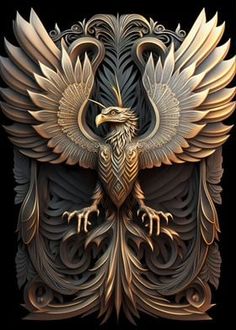 an intricately designed golden bird with wings spread out in front of a black background