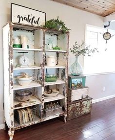 an old bookcase with lots of books on it and some plants in the bottom shelf