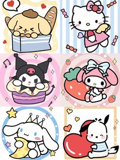 hello kitty stickers are shown in four different colors