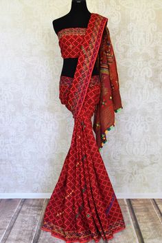 Buy beautiful red printed Kantha and mirror work cotton saree online in USA. Look elegant on special occasions in beautiful printed sarees, silk sarees, tussar sarees, handloom sarees, Kanchipuram sarees from Pure Elegance Indian saree store in USA.-full view Mirror Work Saree, Cotton Sarees Online, Fashion Journals, Kanchipuram Saree, Work Sarees, Traditional Fabric, Mirror Work, Printed Sarees, Handloom Saree