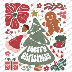 a christmas tree surrounded by holiday decorations and other items, with the words merry christmas on it