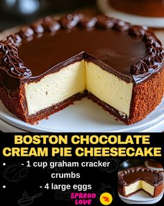 Boston Chocolate Cream Pie Cheesecake Pie Cheesecake, Boston Cream Pie, Chocolate Cream Pie, Boston Cream, Easy Cheesecake Recipes, Easy Cheesecake, Cheesecake Desserts, Cream Cheese Recipes, Baked Dessert Recipes