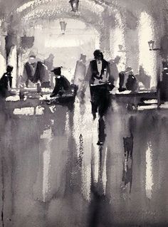 black and white painting of people sitting at tables