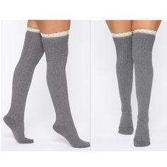 Brand New With Tags Over The Knee Socks Knit Fabric Detail Lace Trim Final Sale Cozy Gray Socks For Stocking Stuffers, Casual Gray Knee-high Stockings, Casual Gray Thigh-high Socks, Casual Gray Thigh High Socks, Rhinestone Tights, Red Fishnets, Rhinestone Fishnets, Size 10 Fashion, Accessories Simple