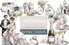 wedding clipart for commercial use with bride and groom in front of vintage car, flowers, champagne glasses, cake