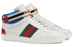 Gucci Stripe Ace High Top White/Blue/Red 523472-0FIW0-9092 Gucci White High-top Sneakers Sporty Style, Gucci Sneakers With Logo Detail For Sports, White Sporty Gucci High-top Sneakers, Gucci White Sporty High-top Sneakers, Sporty Gucci White High-top Sneakers, White High-top Custom Gucci Sneakers, Luxury Gucci High-top Sneakers For Streetwear, Luxury Red High-top Skate Shoes, Gucci High-top Sneakers With Logo Detail