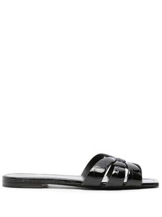 black calf leather embossed crocodile effect interwoven strap detailing square open toe slip-on style branded leather insole flat leather sole Leather Slide Sandals, Crocodile Leather, Leather Cap, Leather Slides, Comfortable Sandals, Beach Tote Bags, Toe Designs, Leather Jewelry, Flip Flop