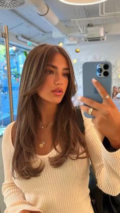 Chin Length Curtain Bangs Straight Hair, Mid Length Hair Framing Face, Hair Inspo Long Layers Curtain Bangs, Medium Hair Curtain Bangs Straight, Long Layers W Curtain Bangs, Blow Out Long Hair Style, Haircut For Middle Part, Longer Length Haircut, Hoco Hair Inspo Medium Length