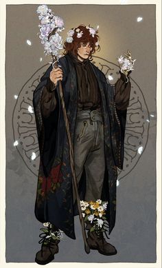 a drawing of a man with flowers in his hand and holding a wand on the other hand