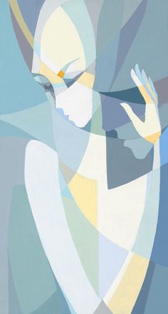 an abstract painting of a woman's face with blue, yellow and white colors